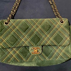 Green suede quilted Chanel hand bag